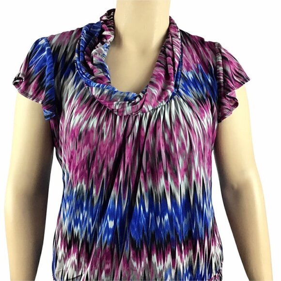 Worthington Top Size XL Pink Blue Multicolor Print Cap Sleeves Cowl Neck - Picture 2 of 7